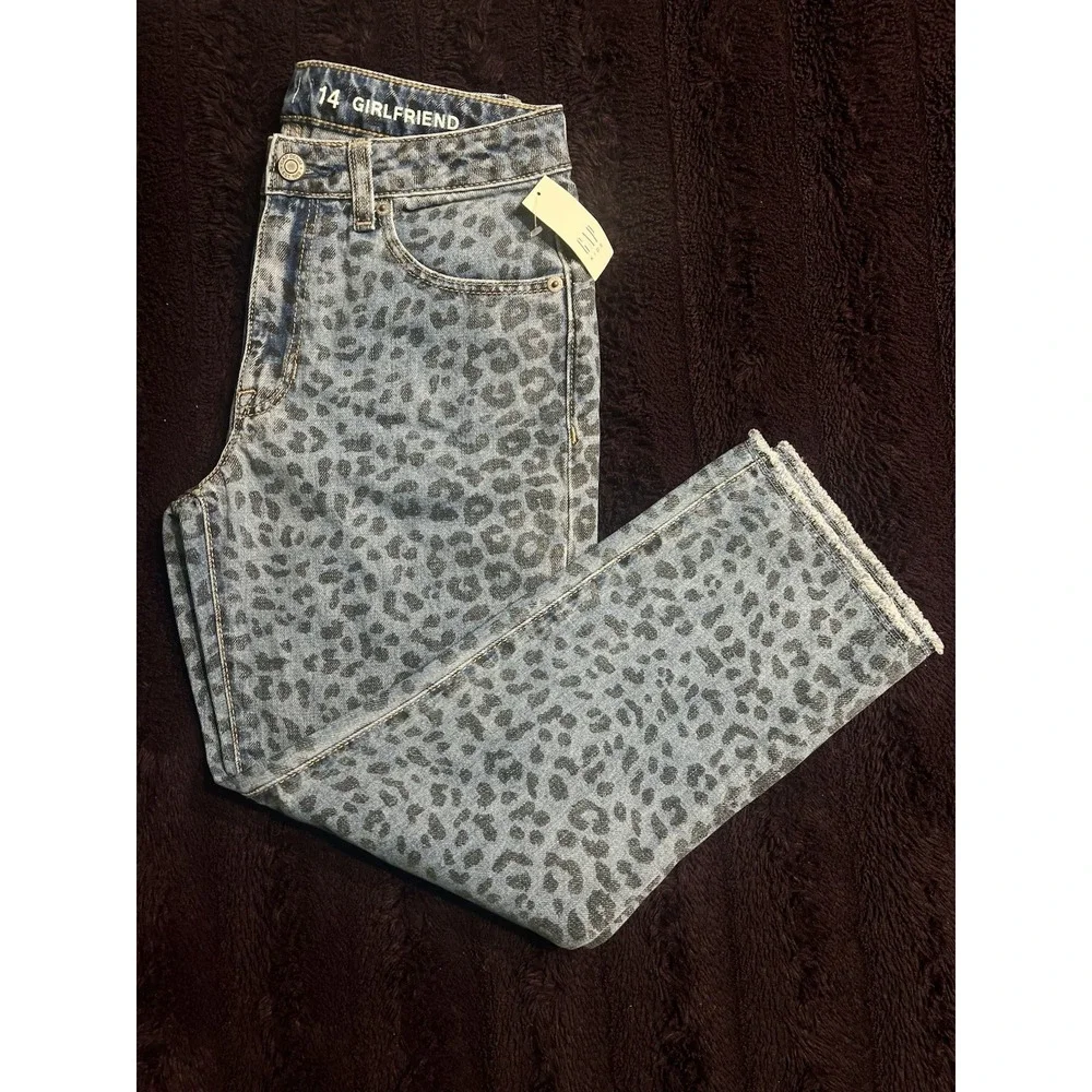 Gap Kids Leopard Print Girlfriend Jeans Size 14 Raw Hem Denim NWT